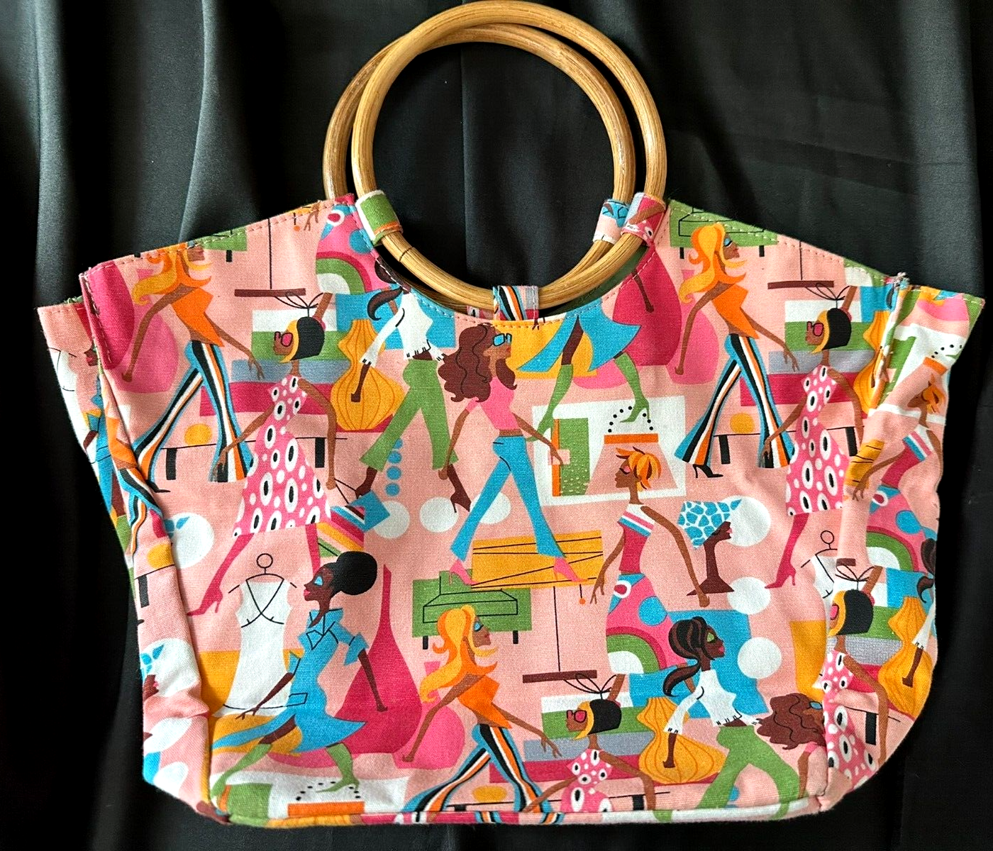 Neiman Marcus Canvas Small Tote Bag Bamboo Round Handle- Pink Fashion Diva