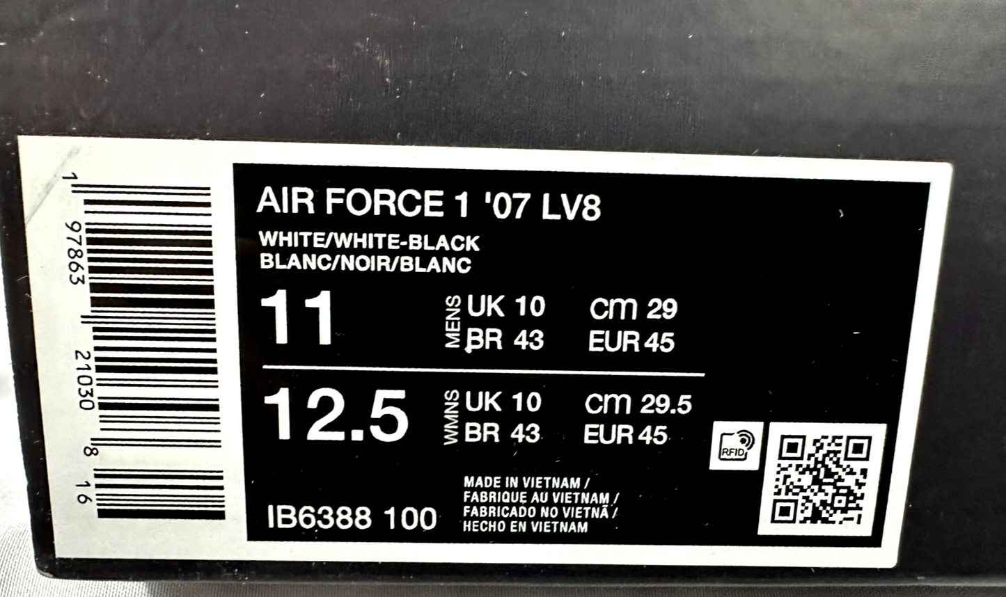 Men's Nike Air Force 1 '07 LV8 White/White/Black (IB6388-100) Size 11