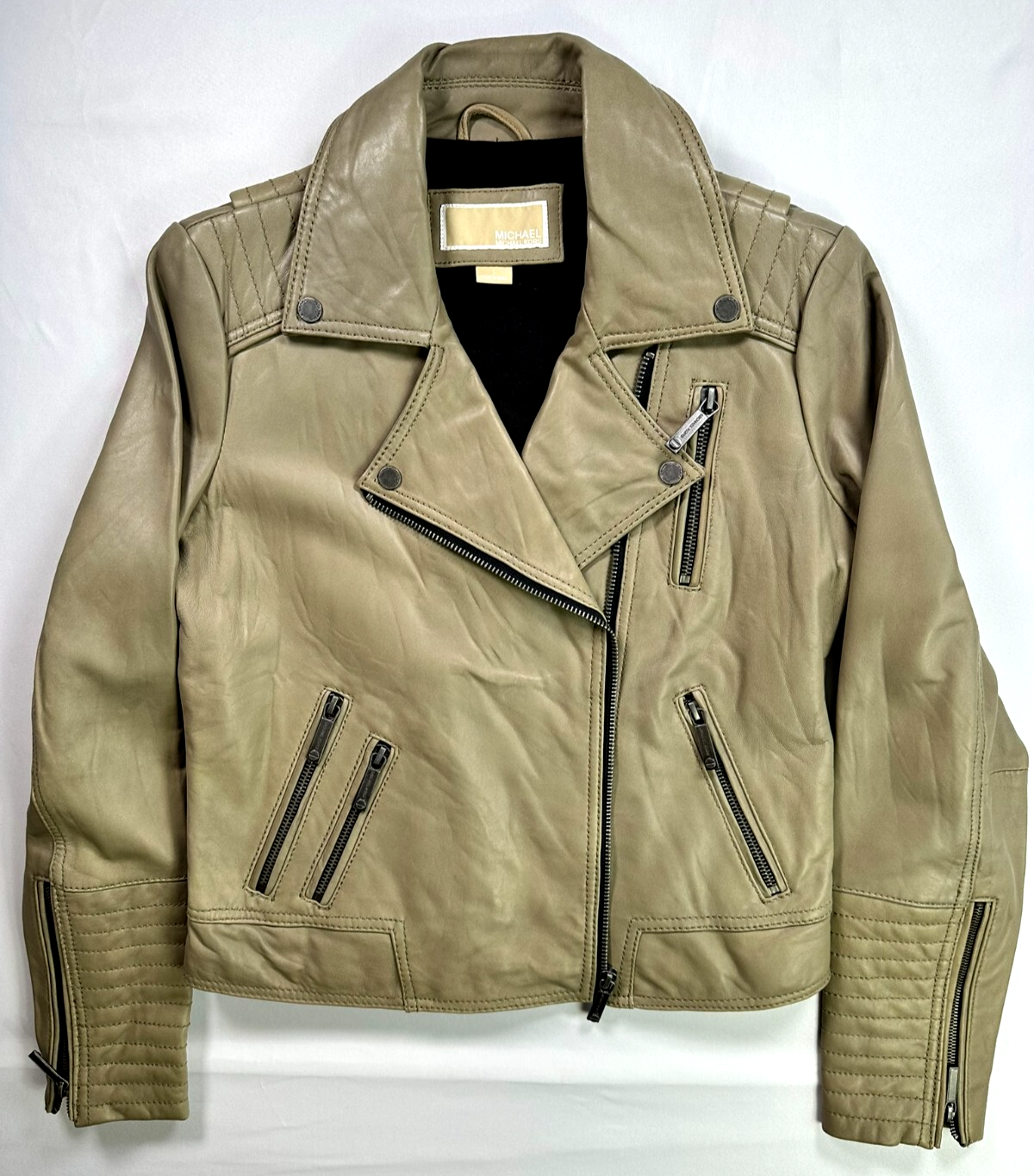 Women's Michael Kors Beige Leather Motorcycle Jacket- Size L