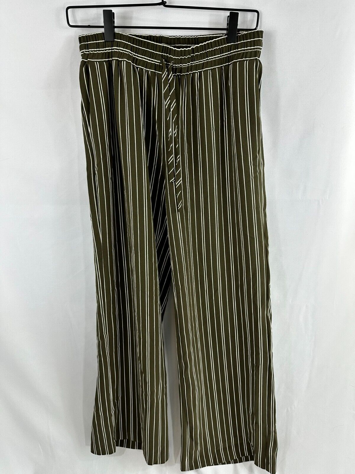 Women's Ann Taylor Dark Green & White Striped Elastic Waist Pants- Size S
