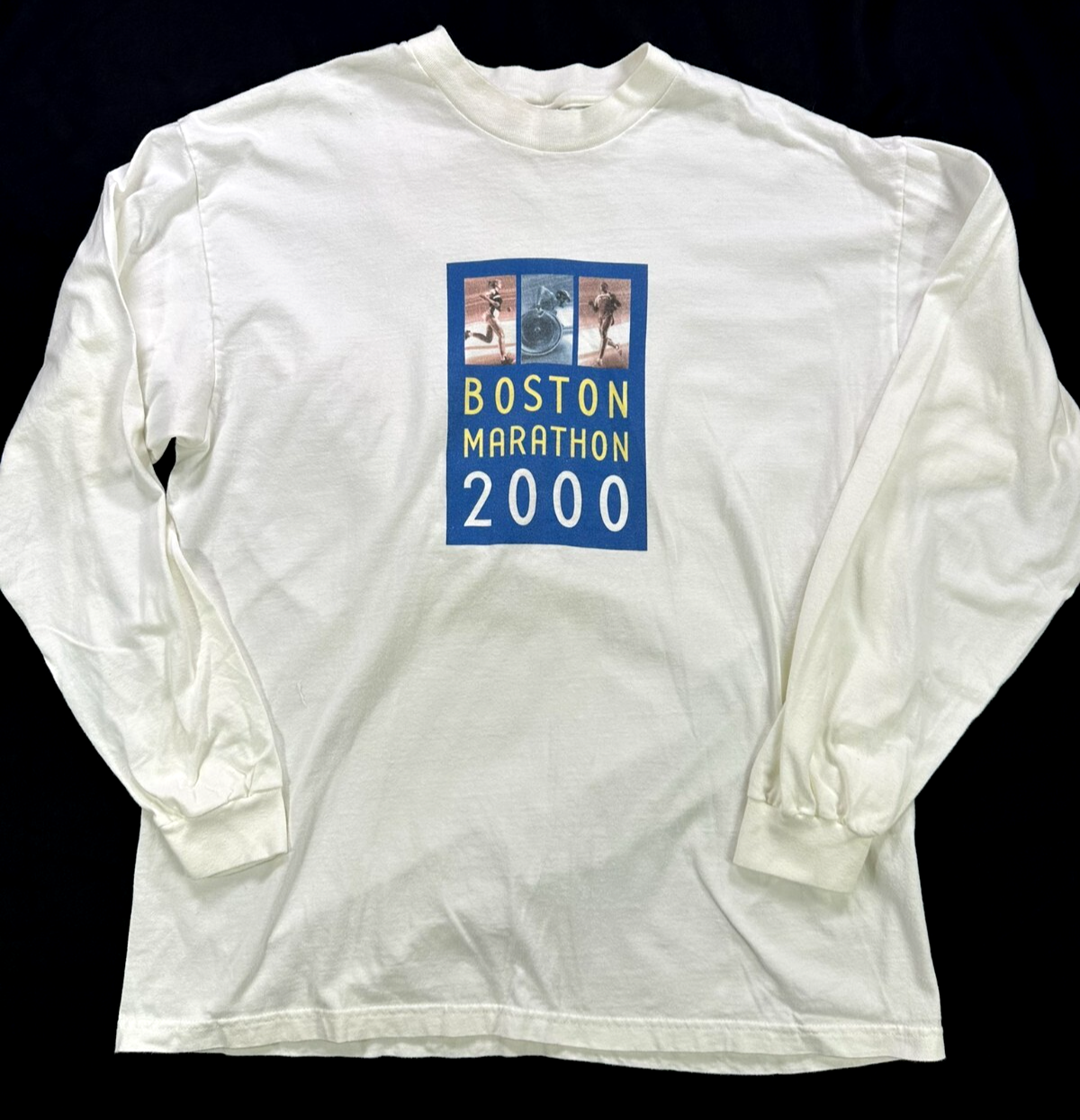 Men's Vintage White John Hancock 2000 Boston Marathon Longsleeve T-Shirt-Size XL