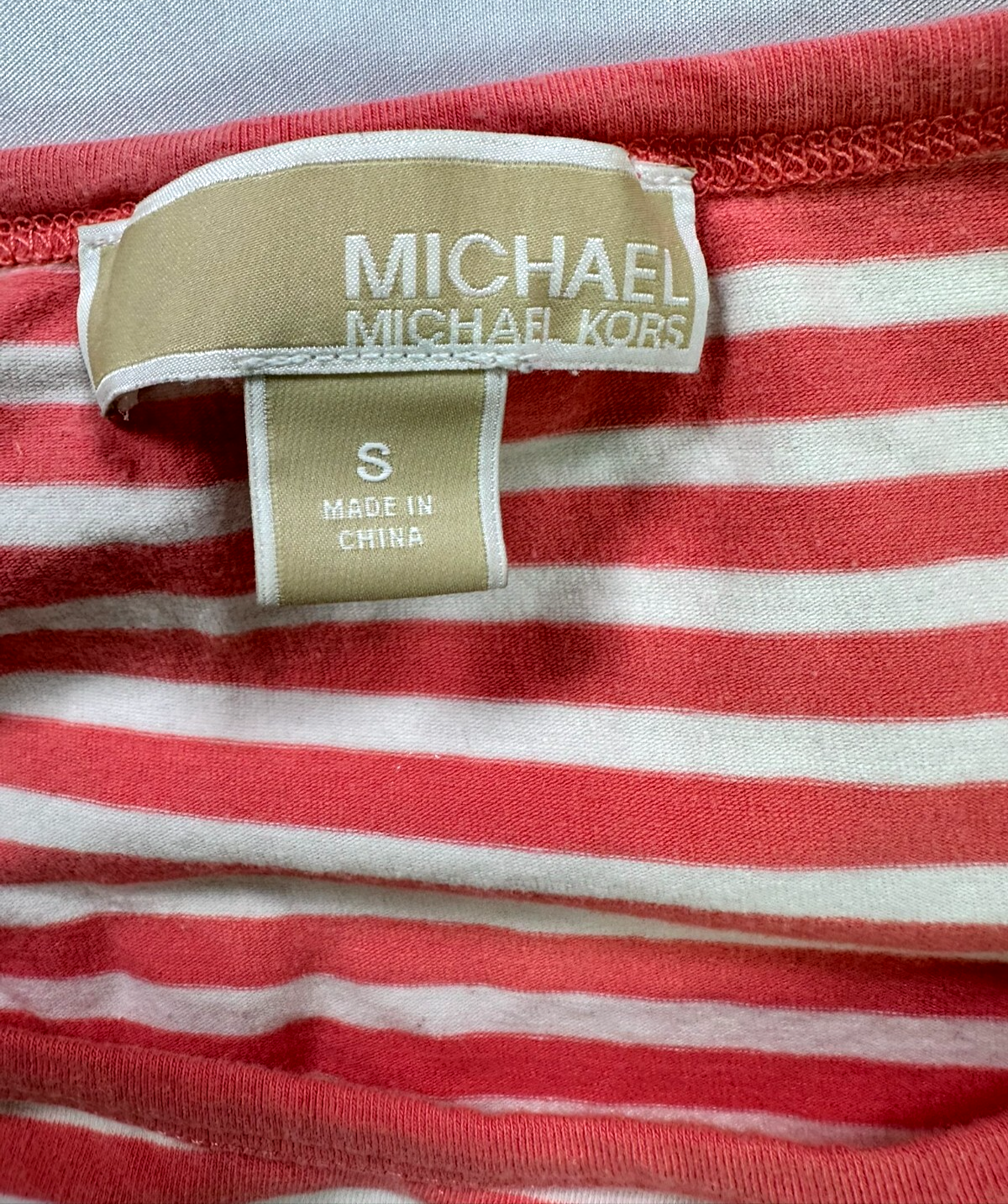 Women's Pink Michael Kors Striped Ruched Zip Shoulder Short Sleeve Shirt- Size S