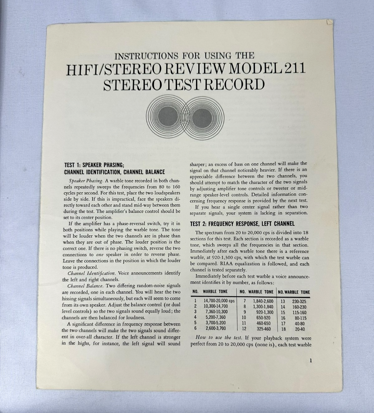HiFi Stereo Review 1963 Stereo Test Record For Home & Laboratory Vinyl Record