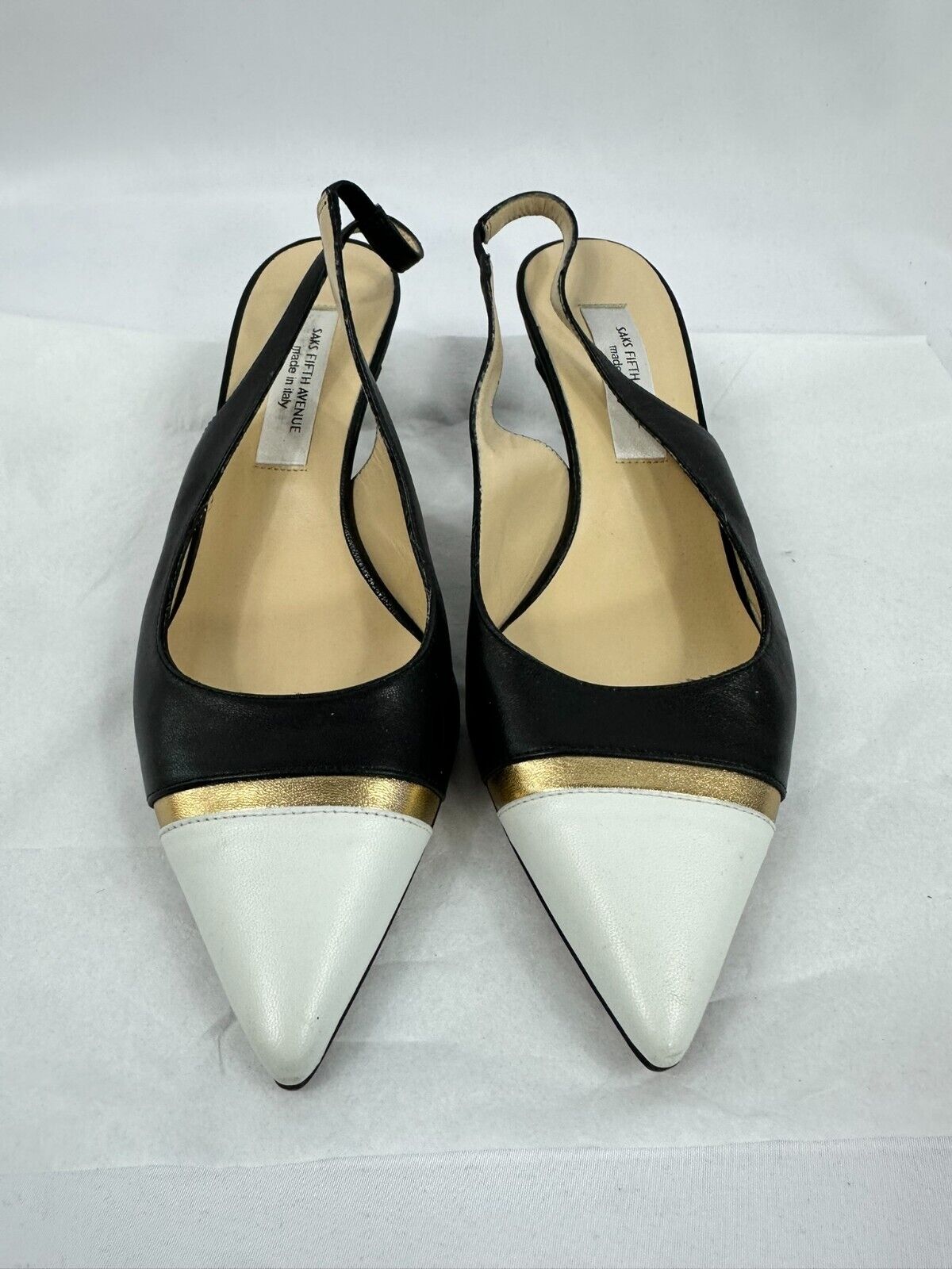 Women's Saks Fifth Avenue 1.5" Heel Strap Shoe in Black/White/Gold- Size 7.5