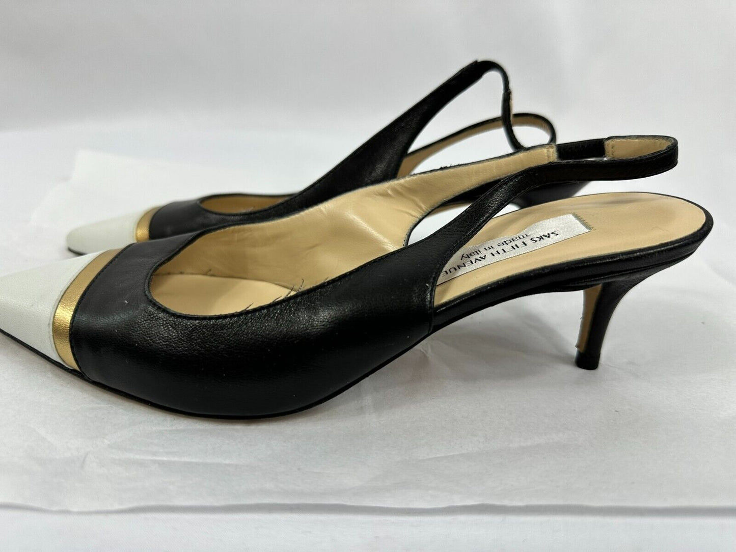 Women's Saks Fifth Avenue 1.5" Heel Strap Shoe in Black/White/Gold- Size 7.5