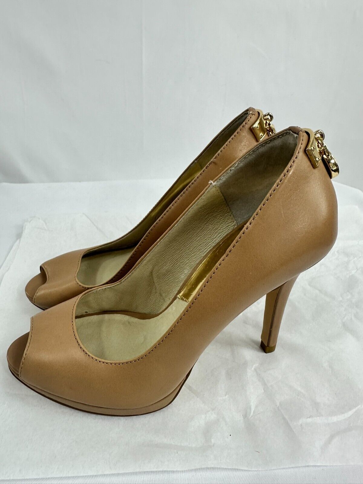 Women's Michael Kors Beige Leather Platform Open Toe High Heel- Size 8M