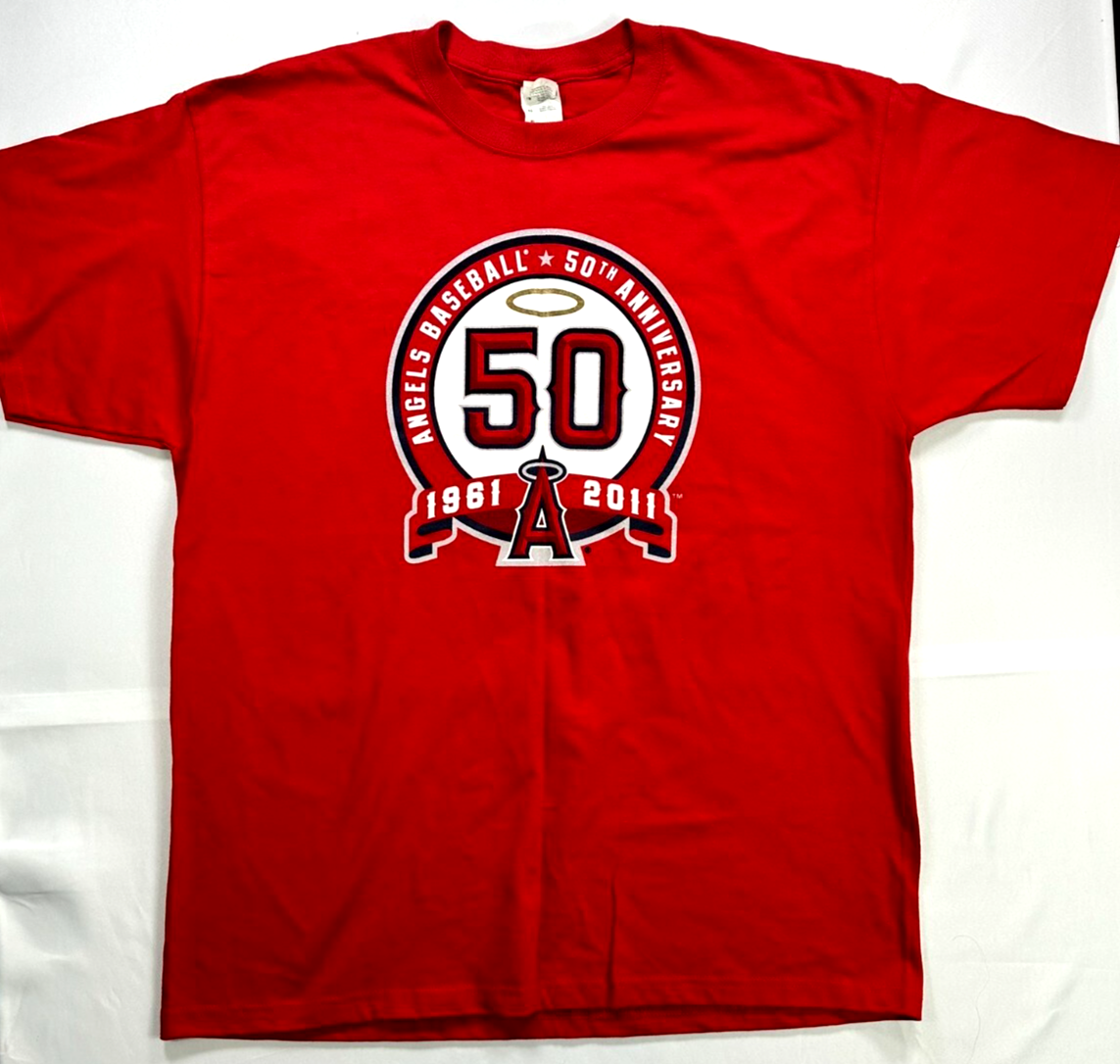 Men's Vintage Red Jerzees MLB Los Angeles Angels 50th Anniversary TShirt-Size XL