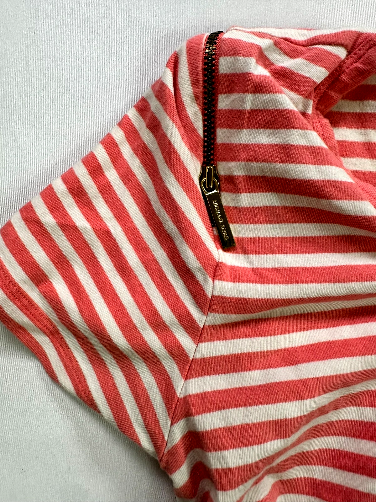 Women's Pink Michael Kors Striped Ruched Zip Shoulder Short Sleeve Shirt- Size S