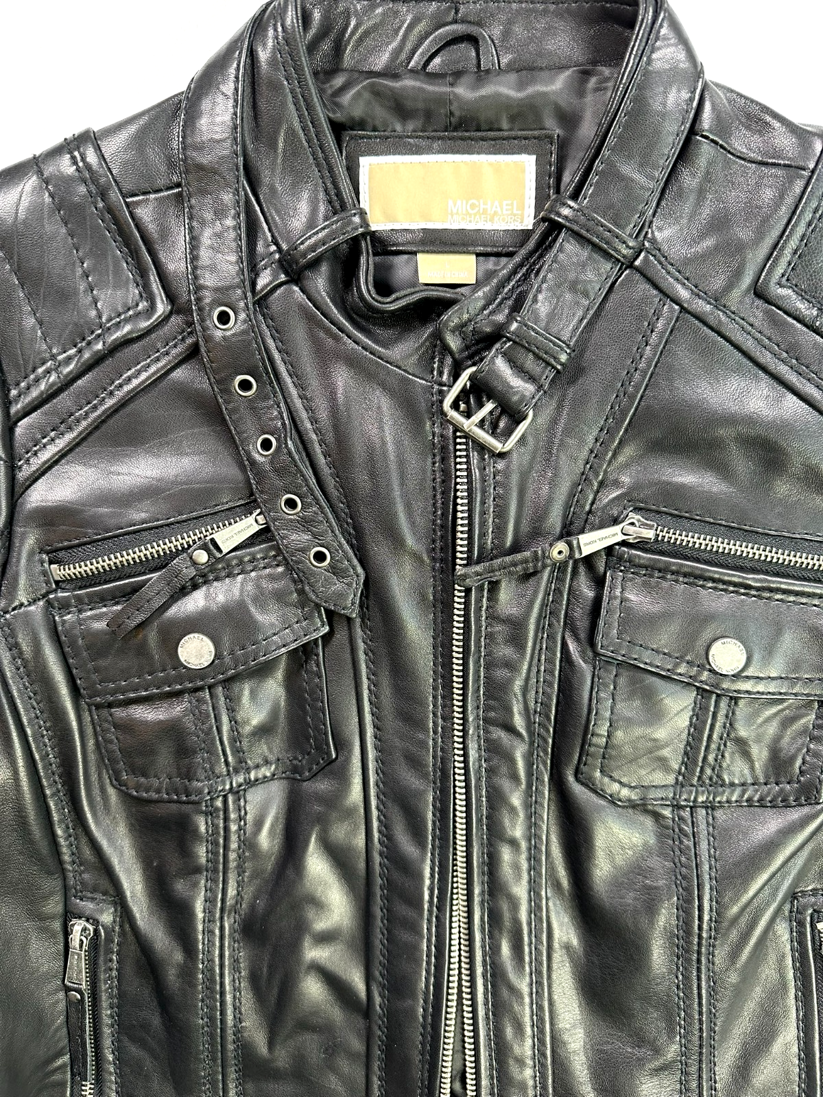 Women's Michael Kors Black Leather Motorcycle Jacket- Size L