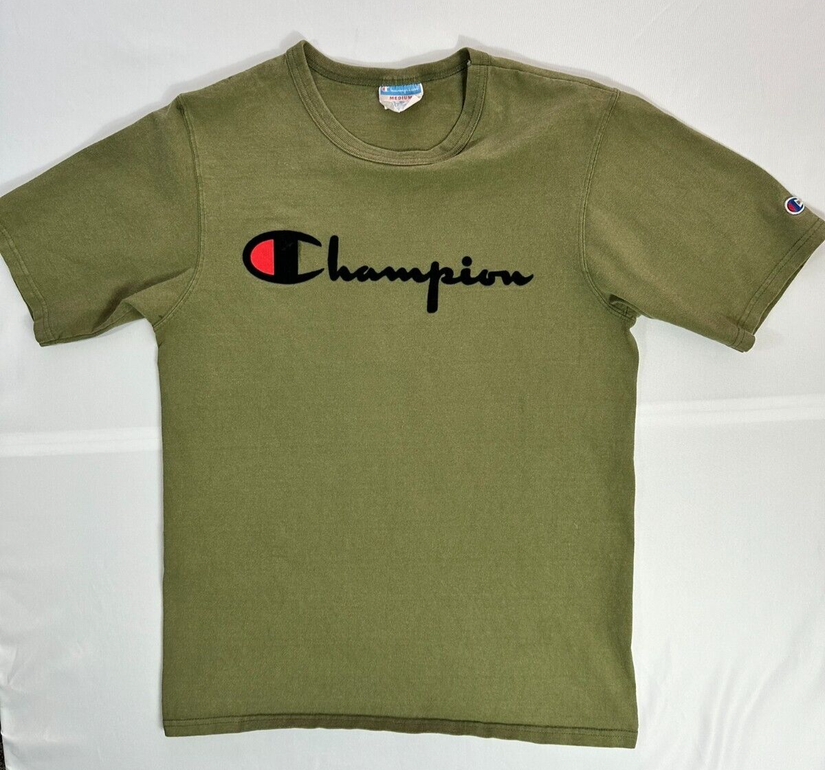 Teen Boy's Vintage Army Green Champion T-Shirt- Size M