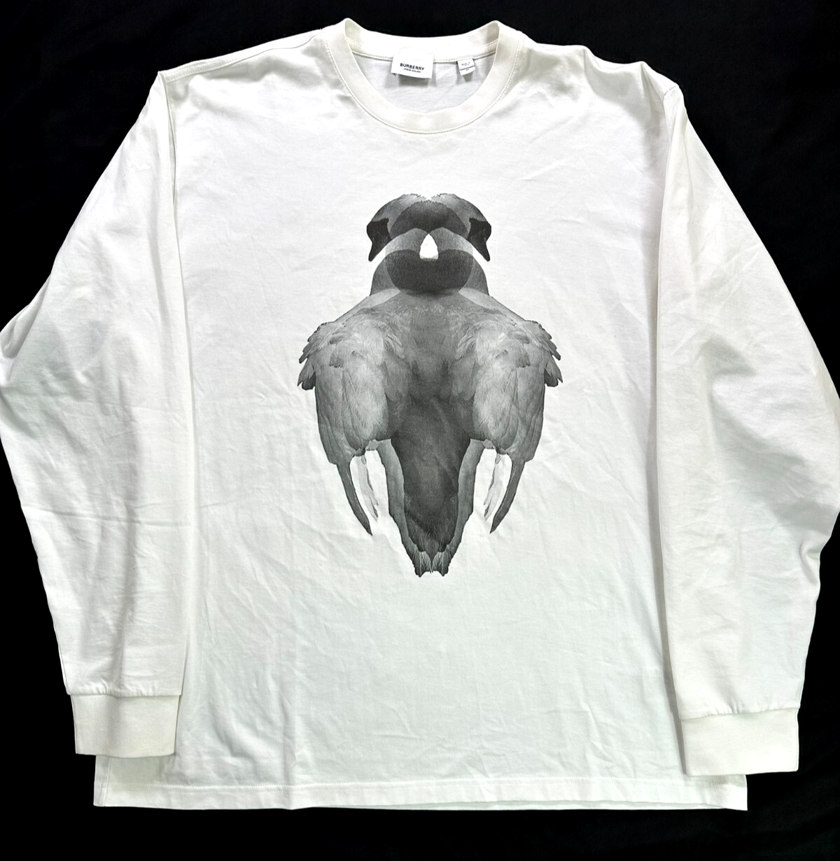 Men's Burberry White Swan Print Long Sleeve Cot Out T-Shirt- Size M (Oversized)
