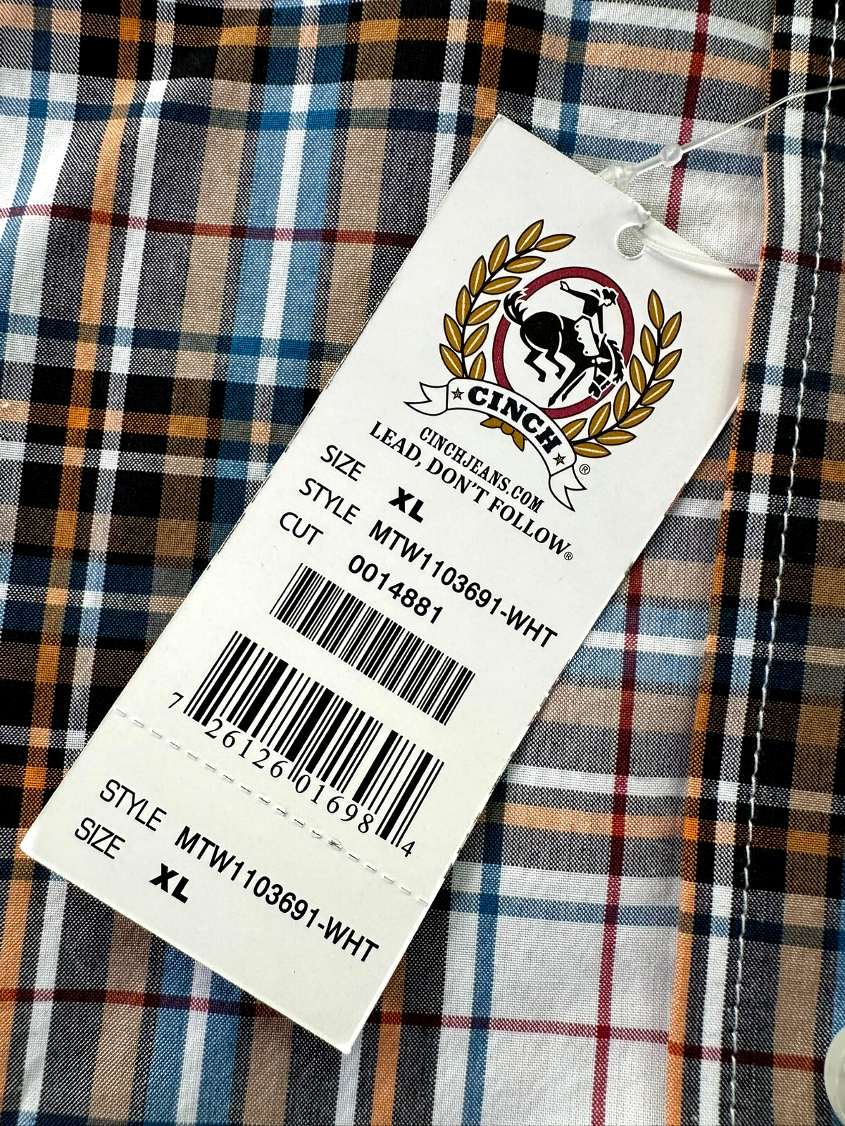 Men's Cinch Western Plaid Cotton Button Up Long Sleeve Shirt- Size XL