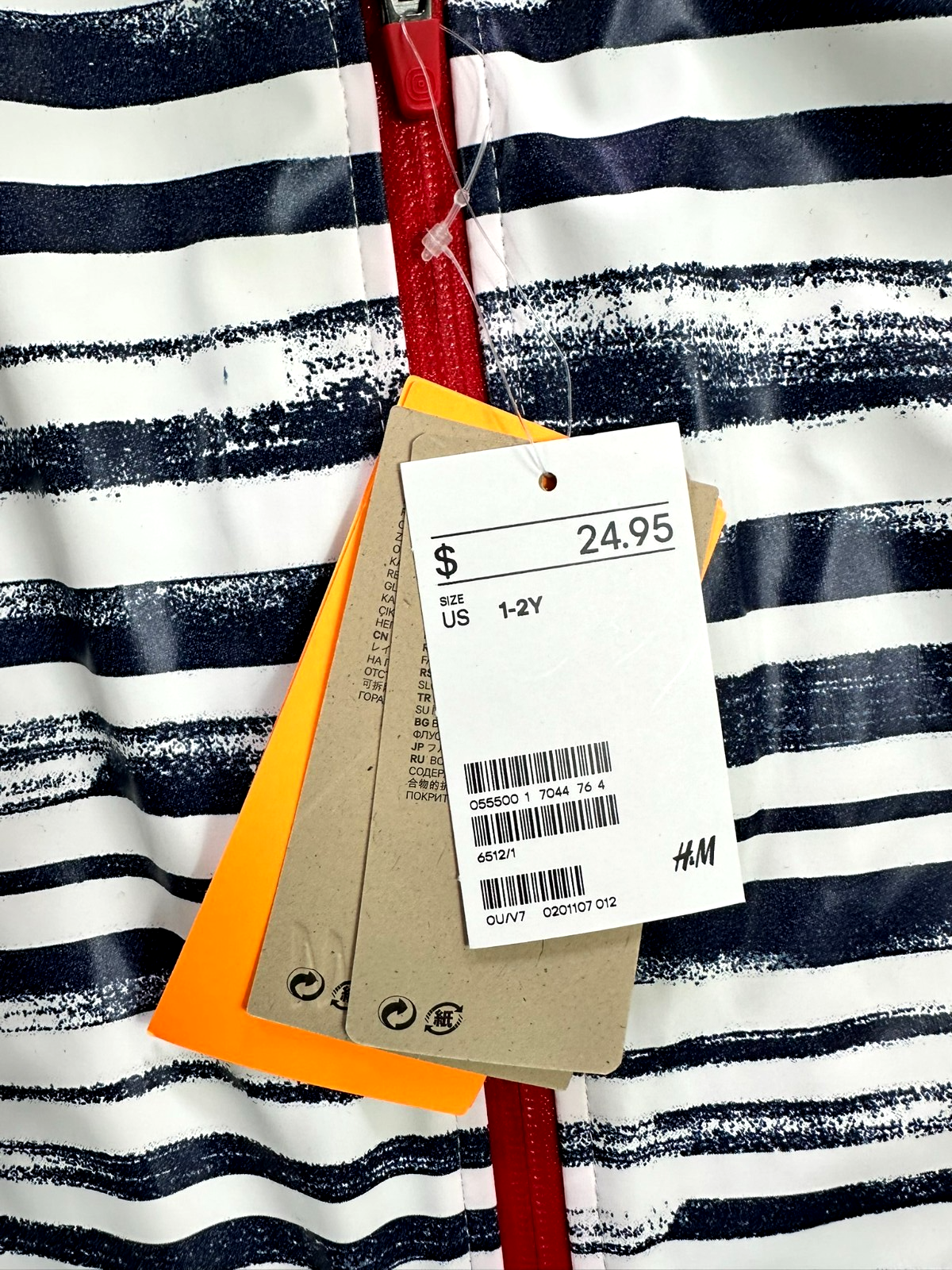 Kid's Boys Blue & White Stripe H&M Hooded Rain Jacket- Size 1-2Y