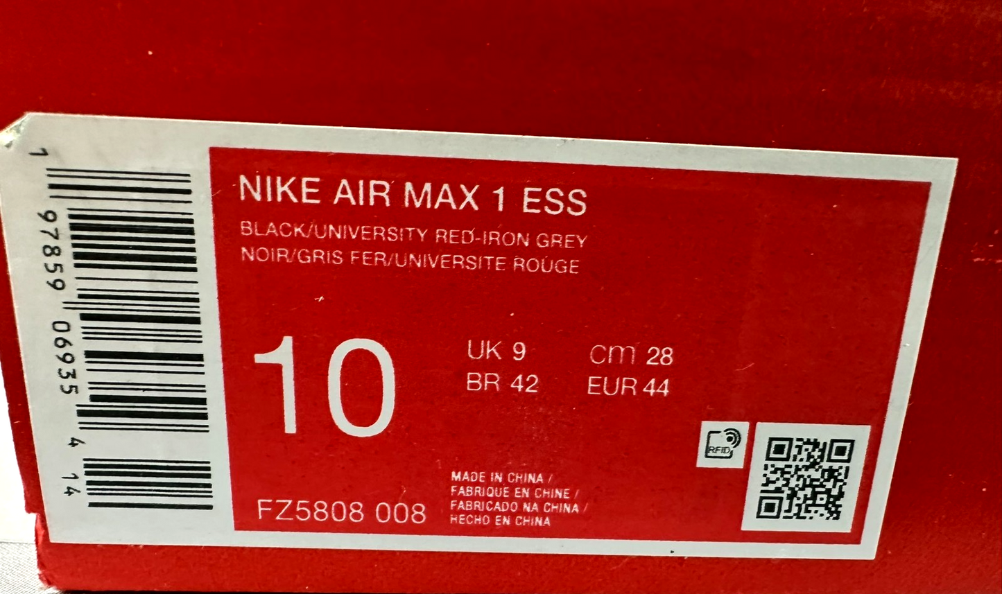 Men's Nike Air Max 1 Essential- Black/Univ Red/Iron Grey (FZ5808-008) Size 10