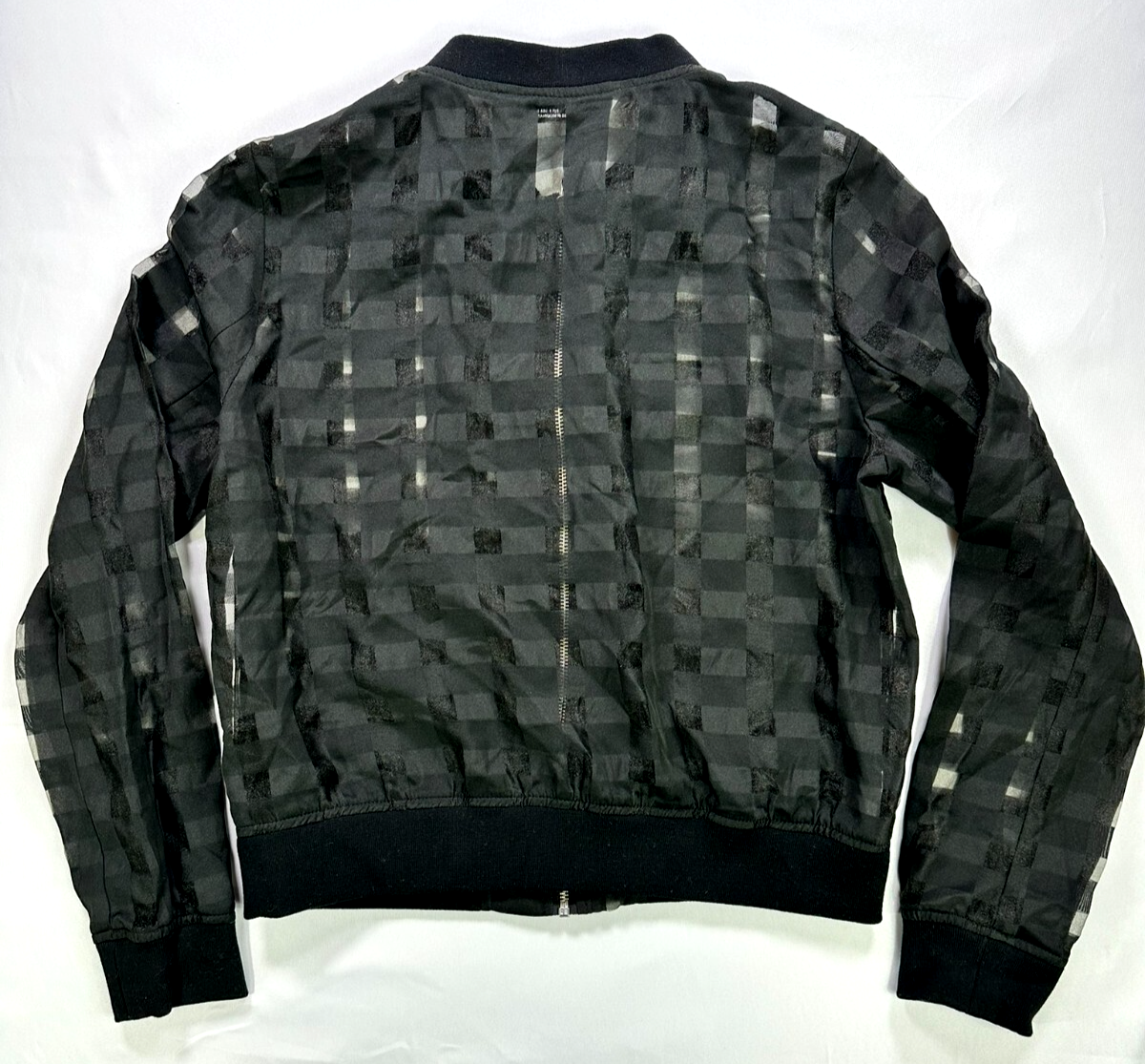 Women's Zara Black On Black Check Lightweight Sheer Zip Bomber Jacket- Size S