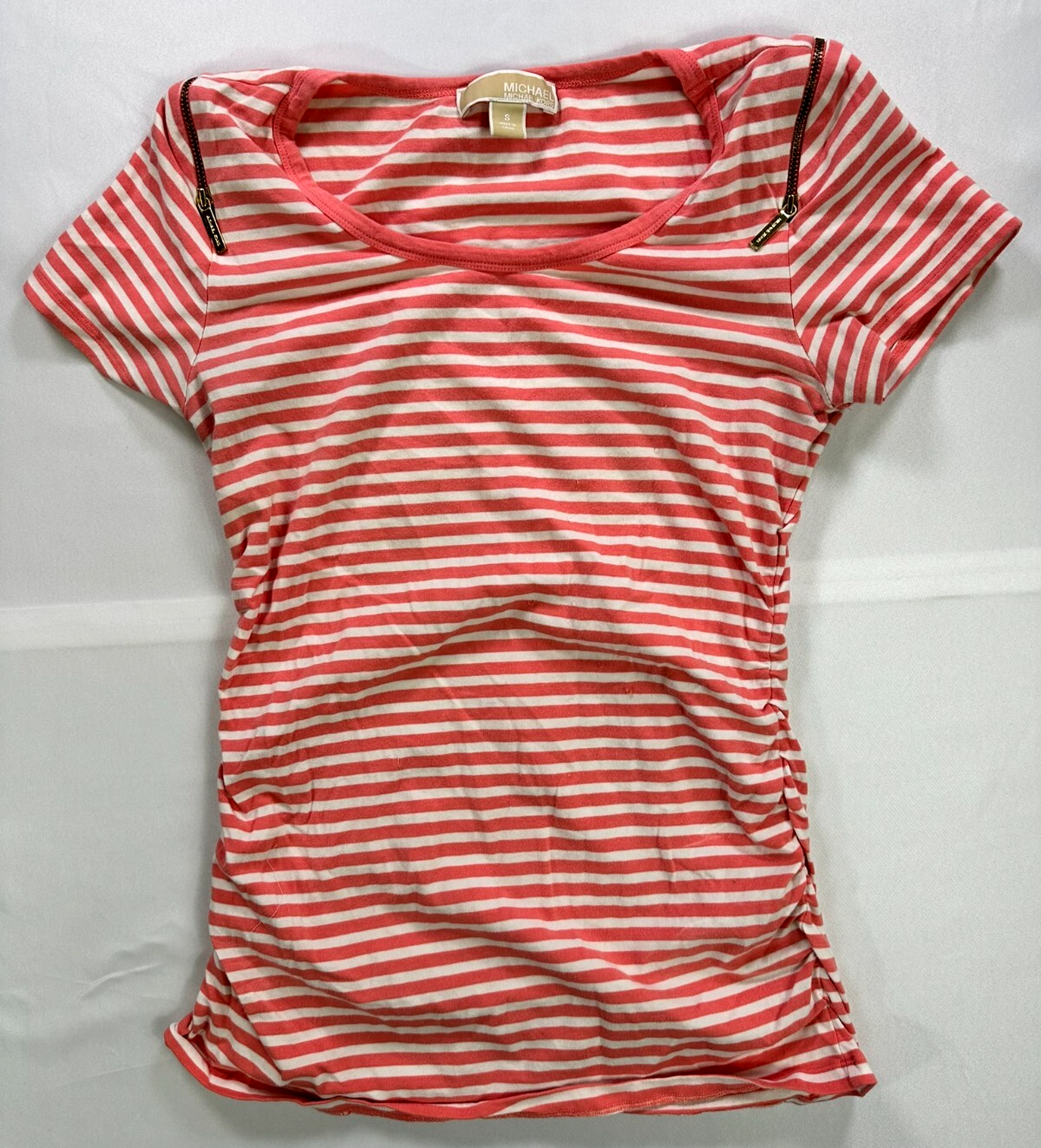 Women's Pink Michael Kors Striped Ruched Zip Shoulder Short Sleeve Shirt- Size S