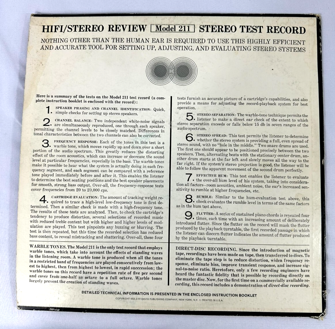 HiFi Stereo Review 1963 Stereo Test Record For Home & Laboratory Vinyl Record
