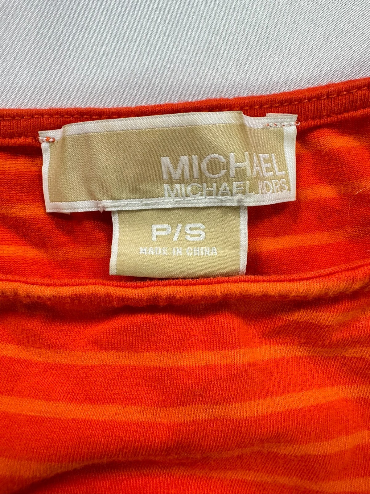 Women's Orange Stripe Michael Kors Ruched Side Zip Short Sleeve Shirt Size SP