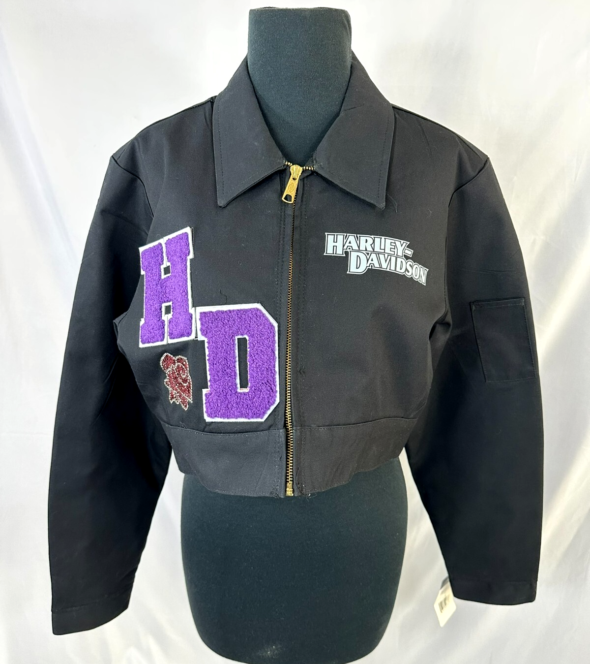 Women's Black Dickies X Harley Davidson Cropped Short Motorcycle Jacket- Size S