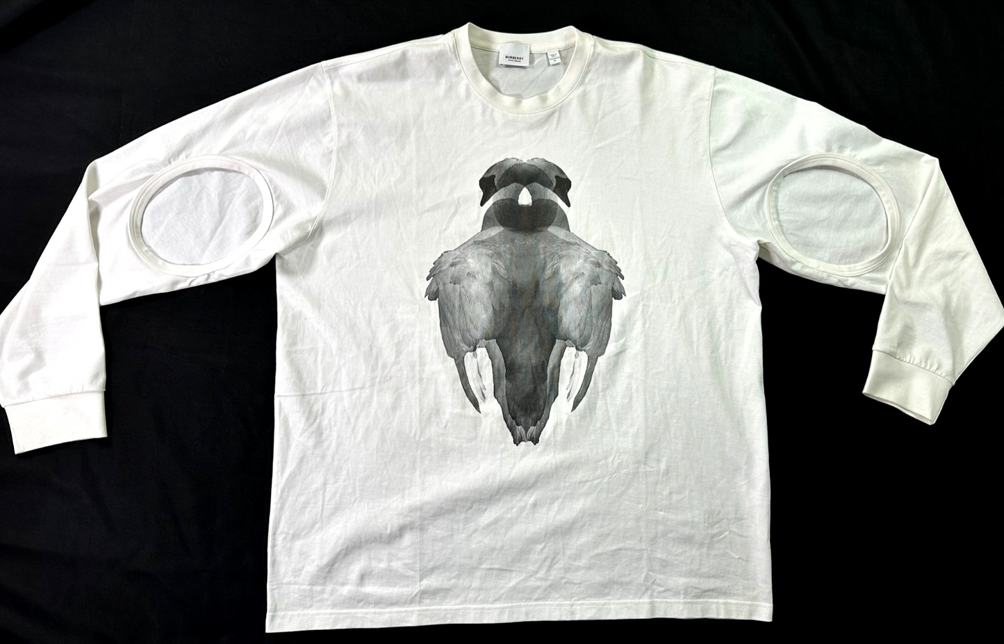 Men's Burberry White Swan Print Long Sleeve Cot Out T-Shirt- Size M (Oversized)