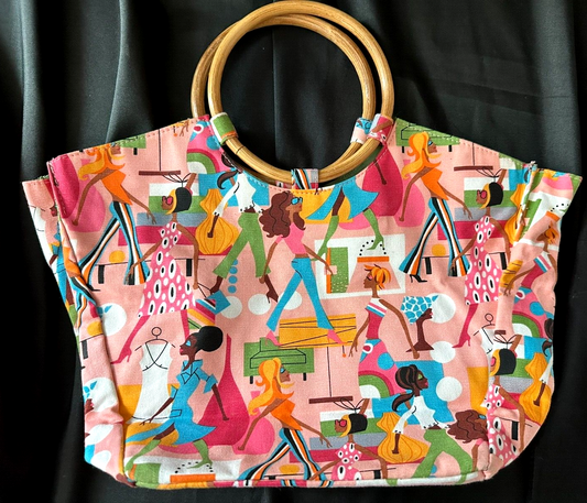 Neiman Marcus Canvas Small Tote Bag Bamboo Round Handle- Pink Fashion Diva