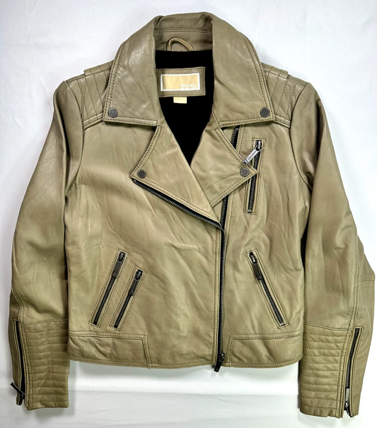 Women's Michael Kors Beige Leather Motorcycle Jacket- Size L