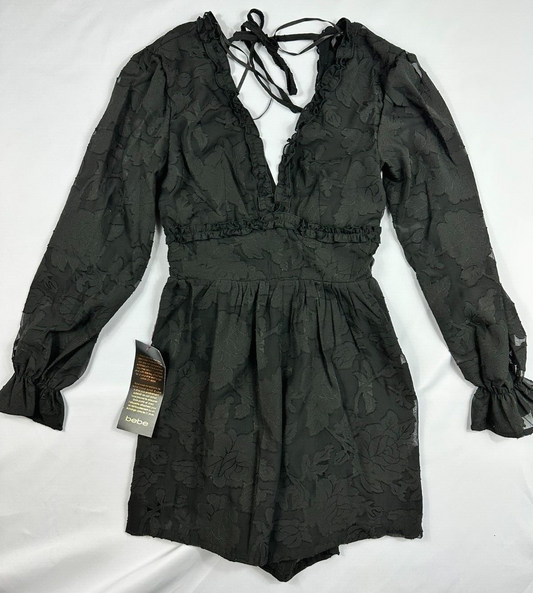 Women's Black Bebe Open Back Ruffle Romper- Size XXS