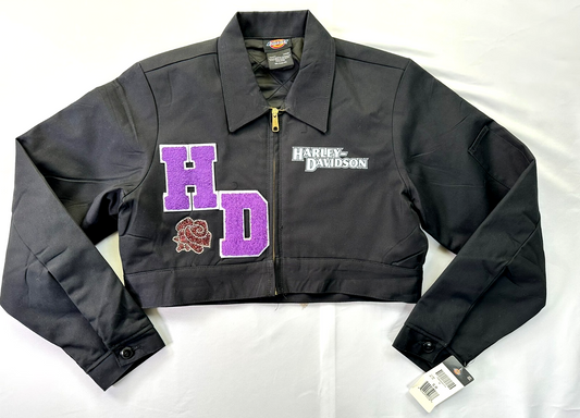 Women's Black Dickies X Harley Davidson Cropped Short Motorcycle Jacket- Size S