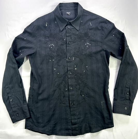 Men's Vintage Black Versace Floral Pattern & Rhinestone Longsleeve Shirt- Size L