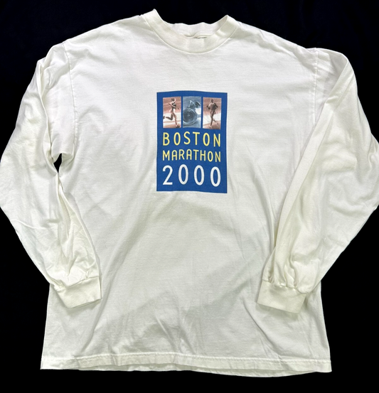 Men's Vintage White John Hancock 2000 Boston Marathon Longsleeve T-Shirt-Size XL