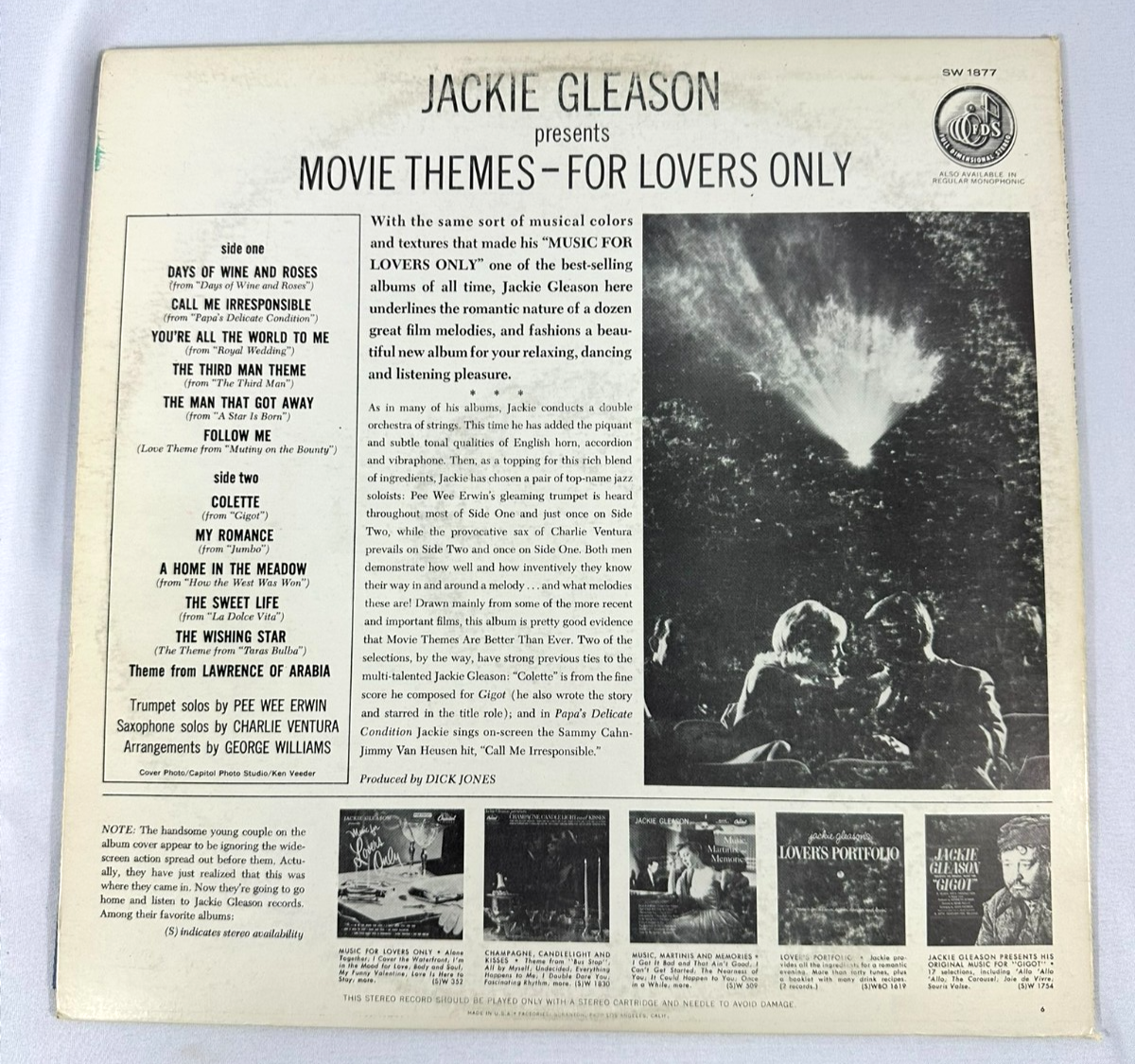 Jackie Gleason Movie Themes For Lovers Only SW 1877 VG+ 12in Vinyl Record Album