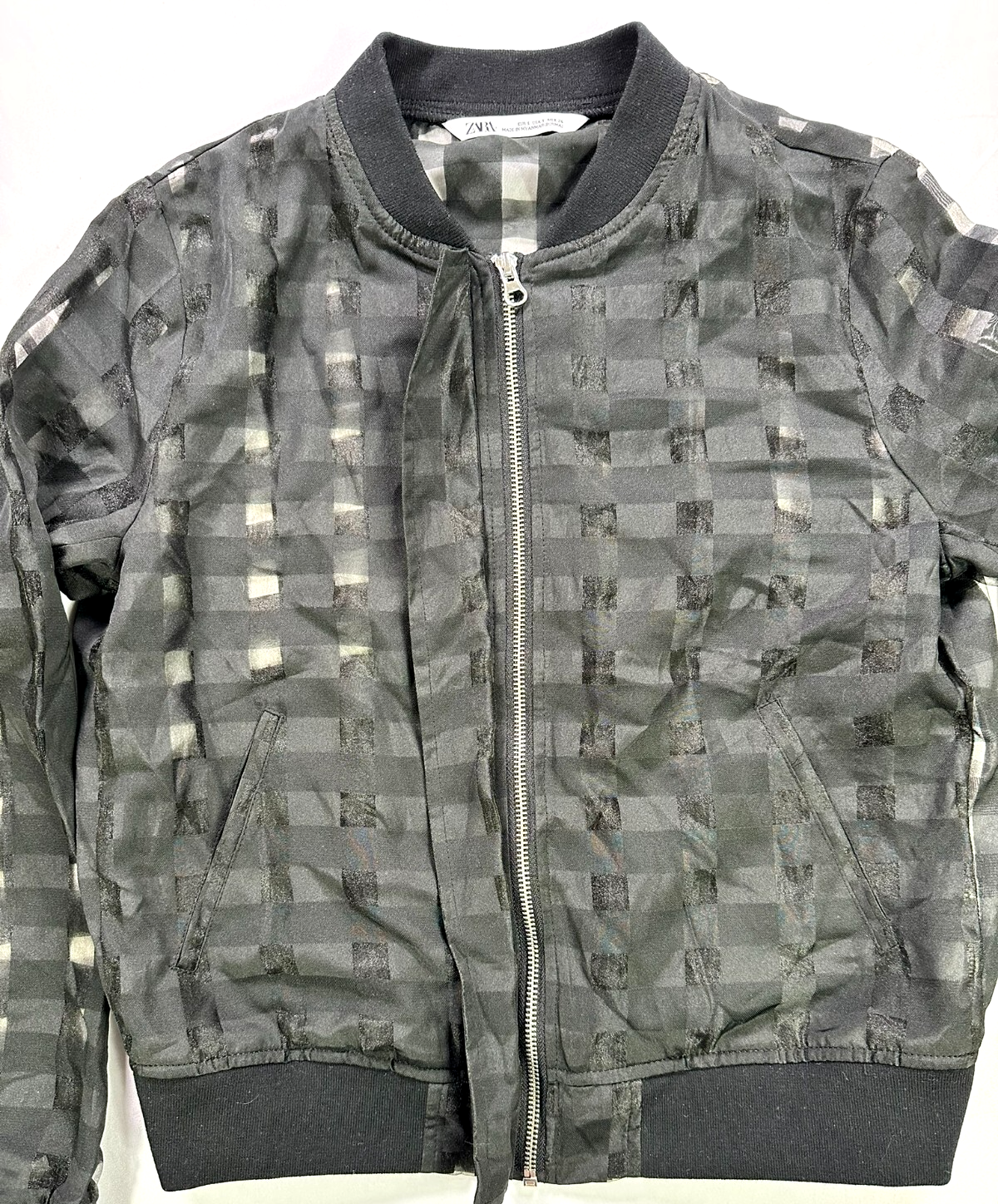 Women's Zara Black On Black Check Lightweight Sheer Zip Bomber Jacket- Size S