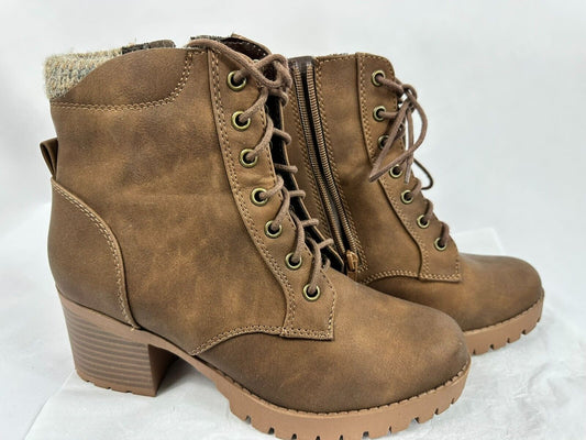 Women's Soda Chunky Heel Combat Ankle Boot Lace Up/Side Zipper- Size 9