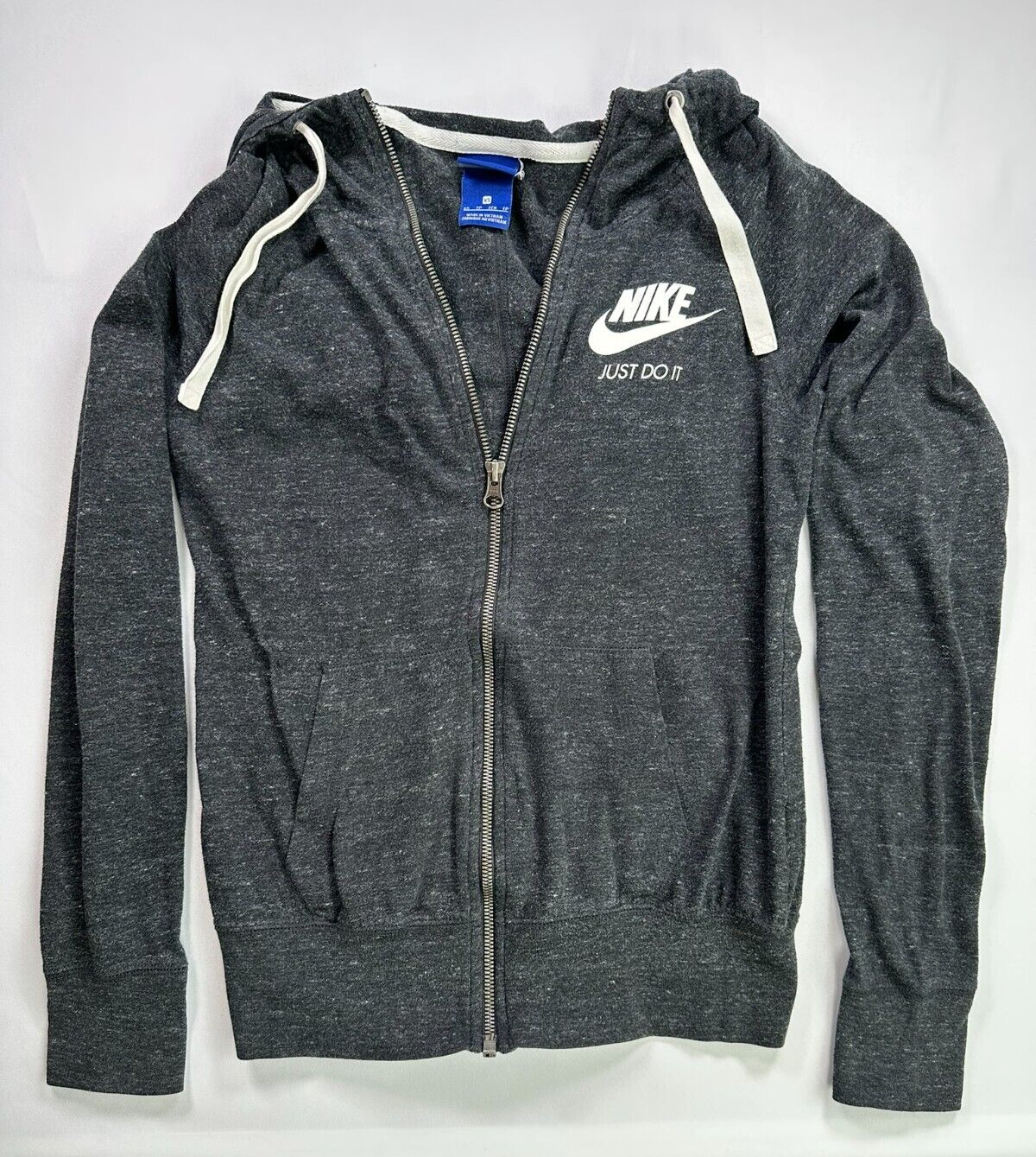 Women's Gray Vintage Nike Just Do It Lightweight Zip Hoodie Blue Label- Size XS