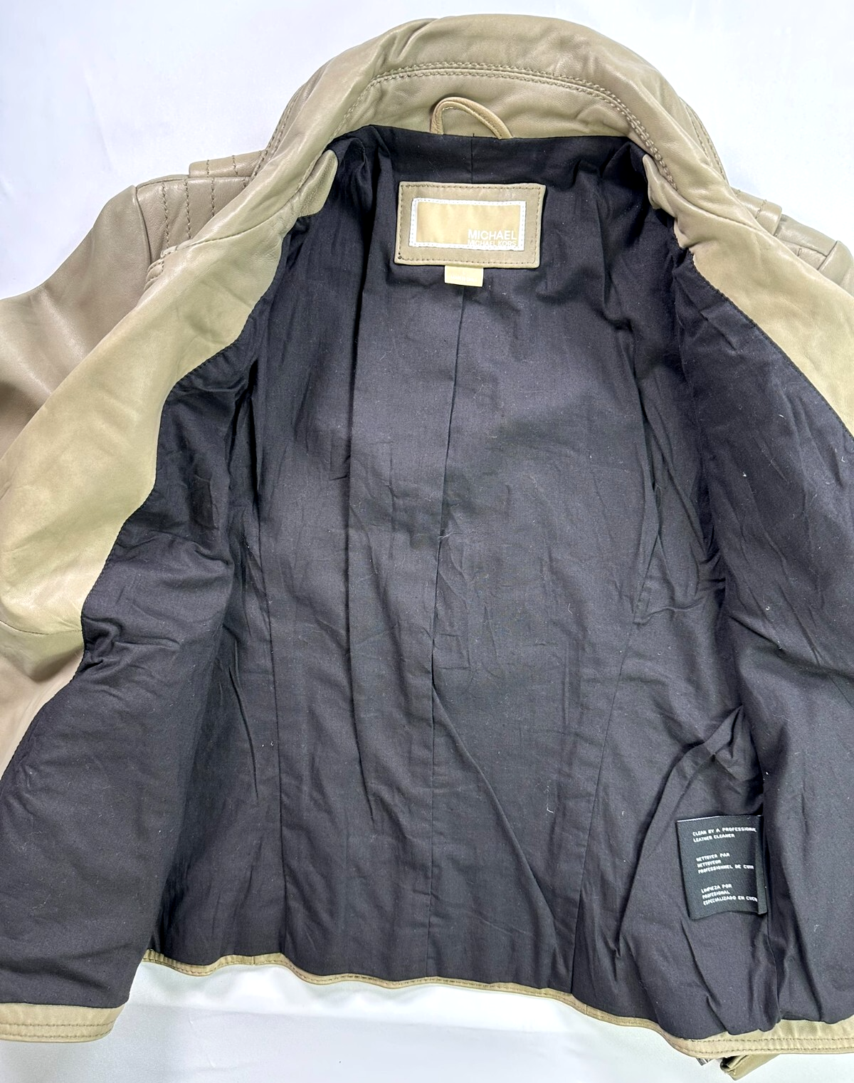 Women's Michael Kors Beige Leather Motorcycle Jacket- Size L