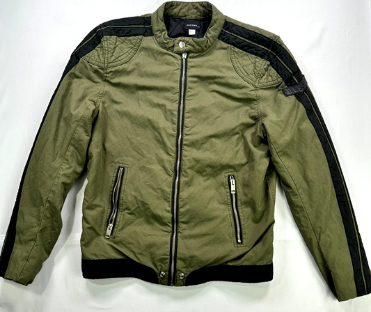 Men's Vintage Diesel Olive & Black Zip Motorcycle Jacket- Size S