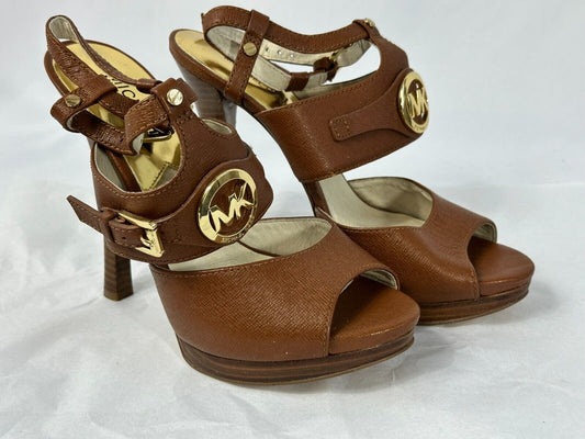 Women s Michael Kors Platform 4" Heel Open Toe Brown Strap- Size 7M