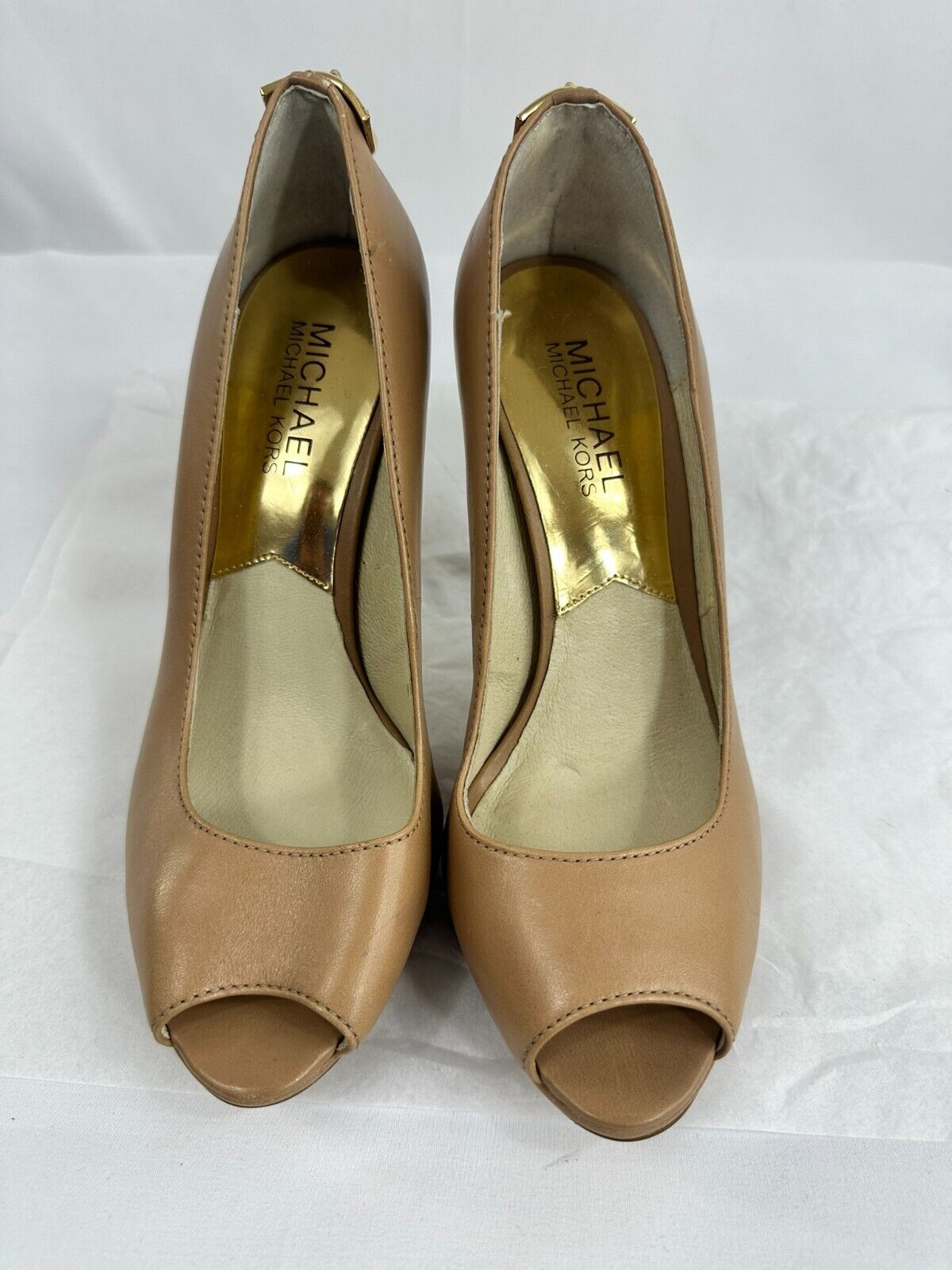 Women's Michael Kors Beige Leather Platform Open Toe High Heel- Size 8M