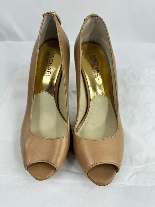 Women's Michael Kors Beige Leather Platform Open Toe High Heel- Size 8M