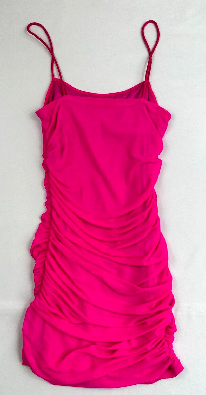 Women's Pink Bodycon Sheer Lined Ruched Mini Dress- Size S