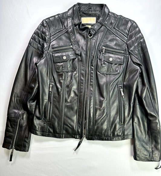 Women's Michael Kors Black Leather Motorcycle Jacket- Size L