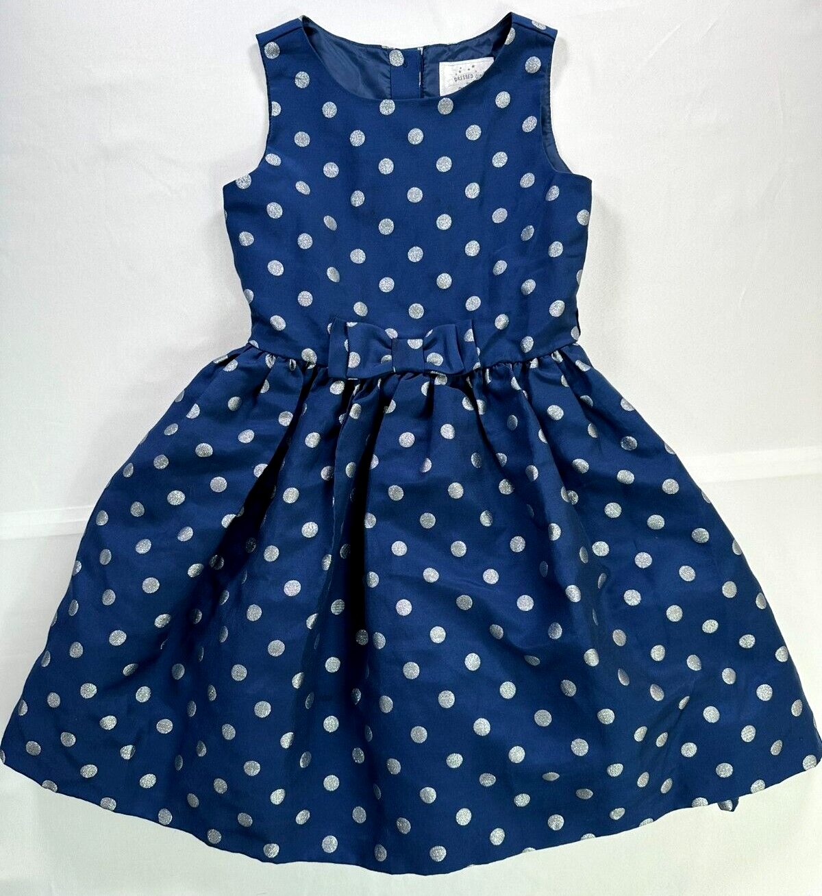 Kid's Girls Navy Blue and Silver Polka Dot Lined Gymboree Dress- Size 7Y
