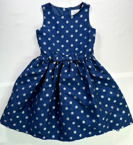 Kid's Girls Navy Blue and Silver Polka Dot Lined Gymboree Dress- Size 7Y