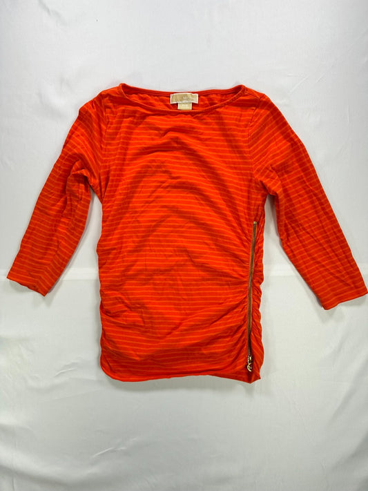 Women's Orange Stripe Michael Kors Ruched Side Zip Short Sleeve Shirt Size SP