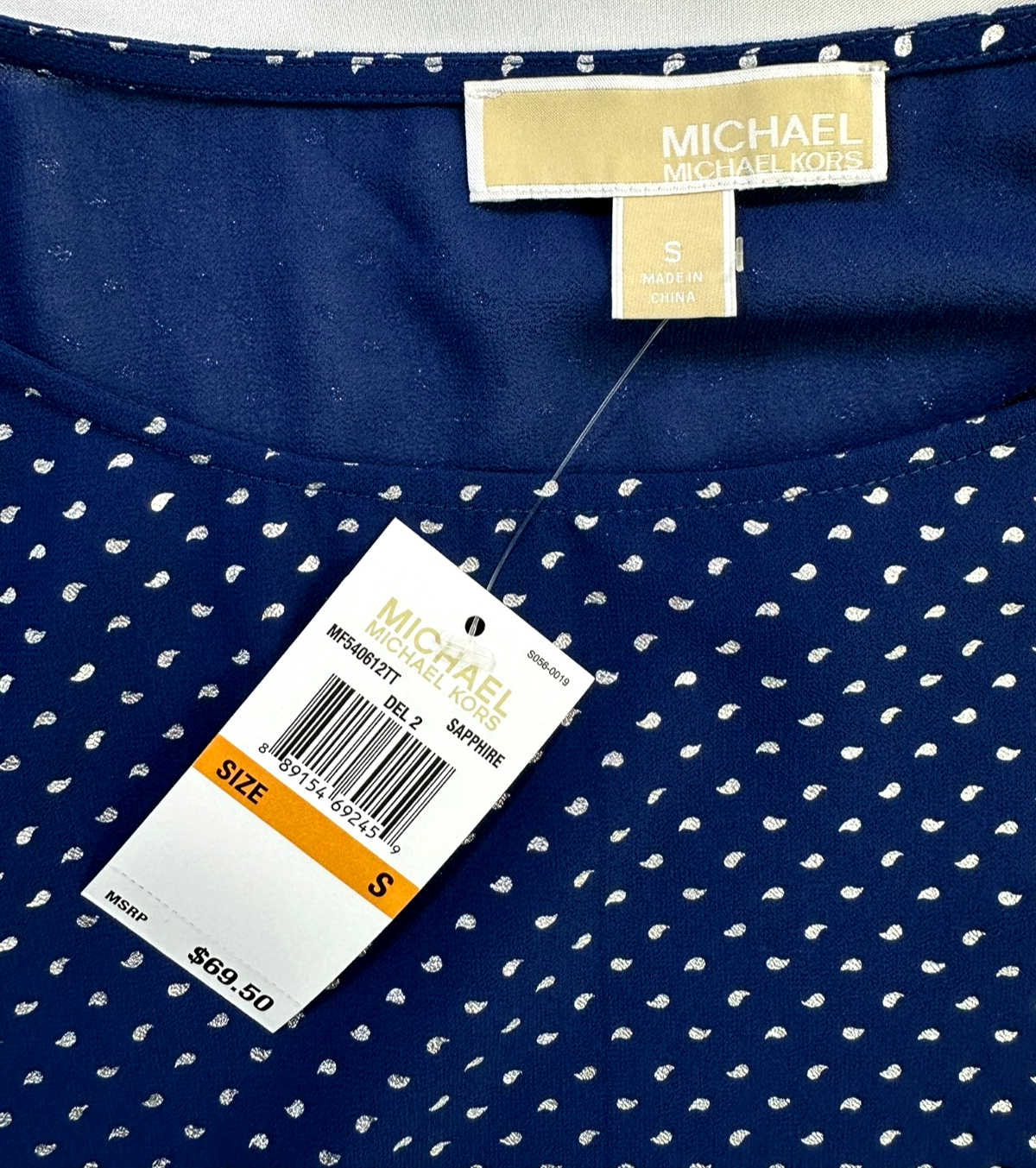 Women's Michael Kors Sapphire Chiffon Polka Dot Short Sleeve Shirt- Size S