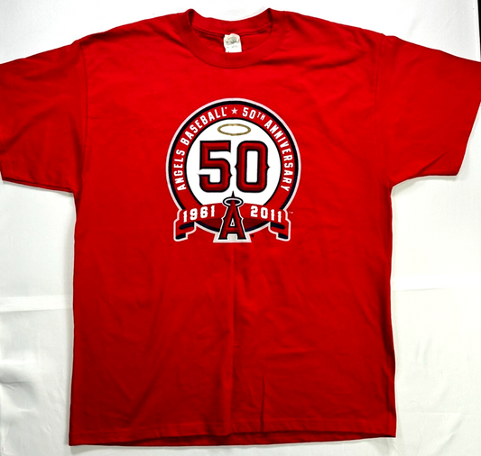 Men's Vintage Red Jerzees MLB Los Angeles Angels 50th Anniversary TShirt-Size XL