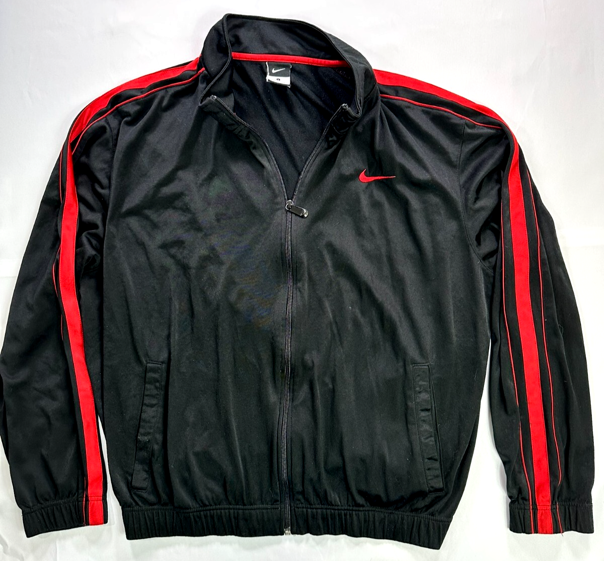 Men's Vintage Black & Red Trim Zip Warmup Jacket- Size L