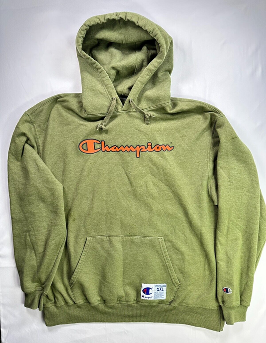 Men's Vintage Champion Olive Green Hoodie with Orange Writing- Size 2XL