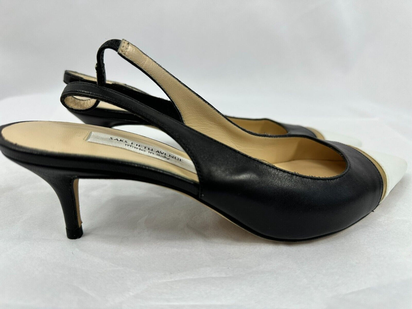 Women's Saks Fifth Avenue 1.5" Heel Strap Shoe in Black/White/Gold- Size 7.5