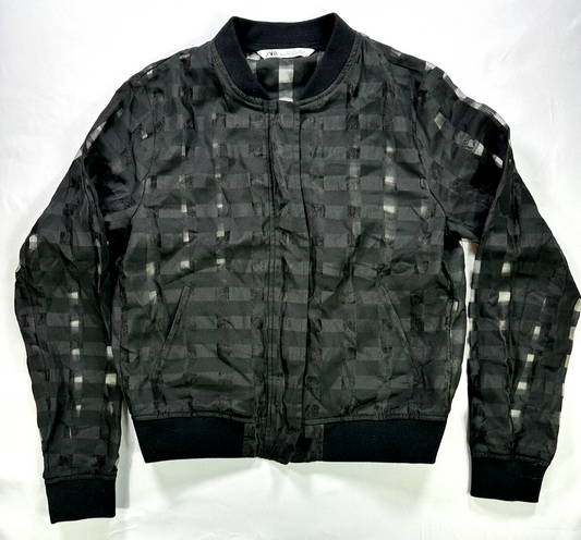 Women's Zara Black On Black Check Lightweight Sheer Zip Bomber Jacket- Size S